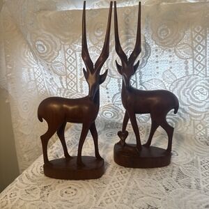 Antelope Gazelle Mid Century Hand Carved Teak Wooden Figurines Pair Vtg Safari